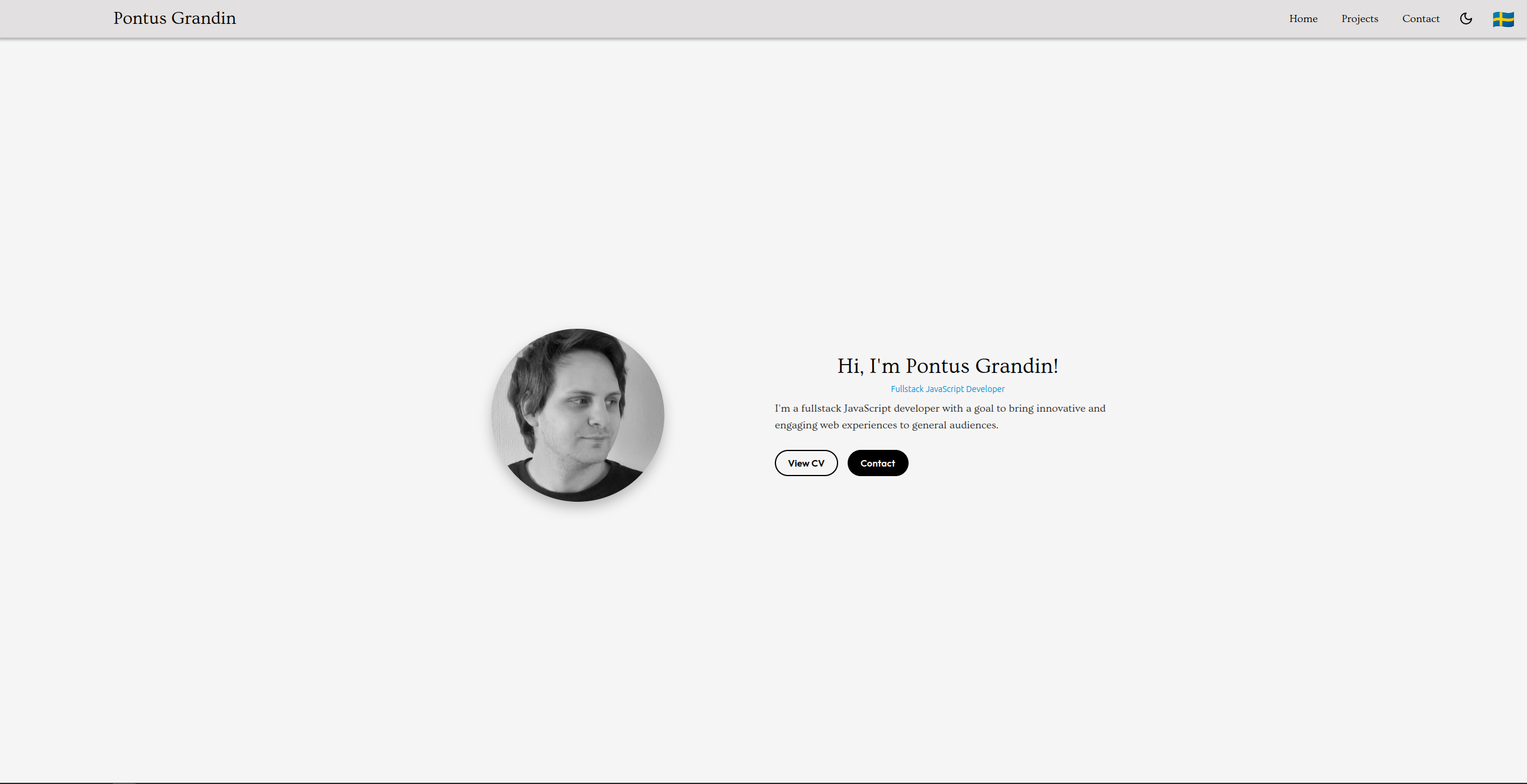 Portfolio example for Pontus Grandin displaying a circular image of him with introductory text.